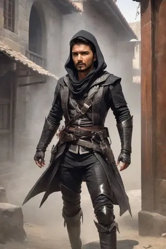 Solo full body picture of 5'7'' tall 1800's assassin wearing black rogue leather armor with a black and silver hood,Vampire Hunter Dracke,khilji,atharva,bajirao,dronacharya,shanmuganathan,dhritarashtr