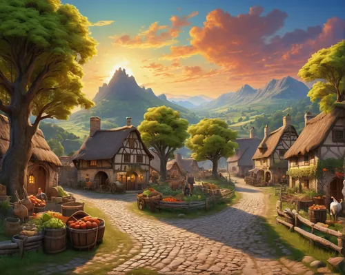 alpine village,aurora village,oktoberfest background,mountain village,knight village,medieval town,mountain settlement,druid grove,fantasy landscape,medieval street,escher village,northrend,hobbiton,fantasy picture,meteora,autumn background,village life,village scene,marketplace,autumn landscape,Illustration,Retro,Retro 20