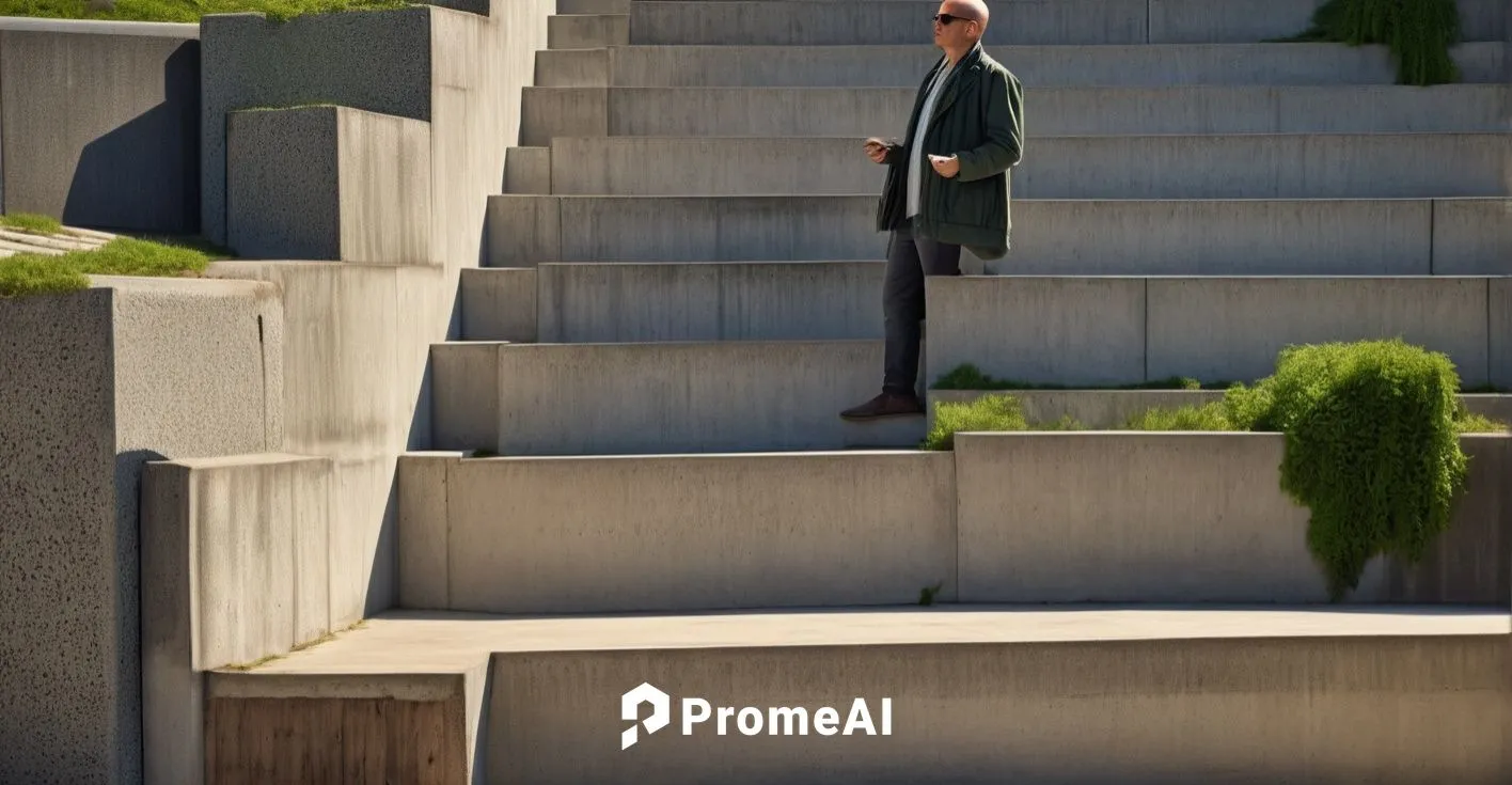 Concrete amphiteater stairs, wooden bench, stainless steel, at left a lot of greeny, men in jacket, sun glares 
,stone stairs,vertigo,curb,stairs,concrete,outside staircase,icon steps,overlook,standin