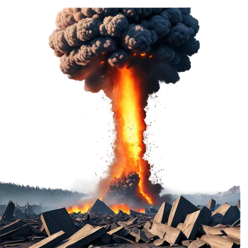 Explosive mushroom cloud, dark smoky atmosphere, fiery orange-yellow light, intense blast wave, shattered debris, massive destruction, 3D rendered, cinematic composition, high-contrast lighting, close