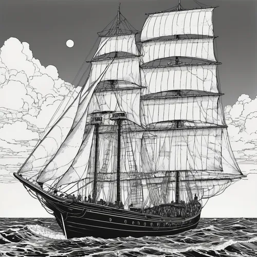 sail ship,sea sailing ship,full-rigged ship,caravel,sailing ship,galleon ship,sailing vessel,barquentine,tallship,star line art,trireme,galleon,sloop-of-war,tall ship,barque,east indiaman,steam frigate,baltimore clipper,windjammer,mayflower,Illustration,Black and White,Black and White 16