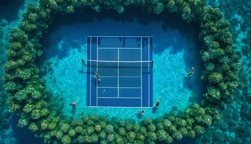 tennis court,trampoline,atoll from above,tennis,underwater oasis,soft tennis,floating stage,swim ring,island suspended,paddle tennis,floating islands,basketball court,swimming pool,aquaculture,from above,underground lake,floating over lake,raft,pool of water,water cube,Photography,General,Fantasy