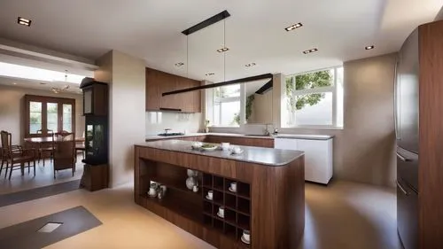 Inside a sleek and modern kitchen, a marble countertop made entirely of rich mahogany wood sits in the center of a wooden table. The wooden grain glistens, showcasing the warmth of the sun. Tears stre