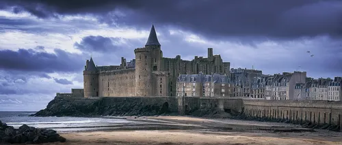 historical Saint-Malo, World War II, bombed buildings, ruins, dramatic sky, war-torn cityscape, French coastal town, military presence, soldiers patrolling, vintage military uniforms, 1940s, black and