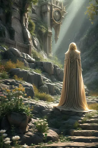 rapunzel,cloak,elven,fantasy picture,cg artwork,games of light,jrr tolkien,pilgrimage,the mystical path,hall of the fallen,meteora,the enchantress,the pillar of light,hobbit,fantasia,the spirit of the mountains,fantasy art,gandalf,kingdom,place of pilgrimage