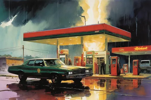 gas-station,gas station,electric gas station,petrol pump,truck stop,e-gas station,gas pump,filling station,petroleum,convenience store,gasoline,fast-food,petrol,pontiac tempest,gas-filled,drive through,dodge monaco,retro diner,gas light,fast food restaurant,Illustration,Paper based,Paper Based 12