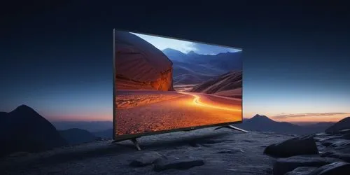 a philips tv with a dark light background cracked stone floor and mountain on the back,the lg ole tv stands on top of a mountain,plasma tv,hdtv,oled,smart tv,television,hdtvs,Photography,General,Reali