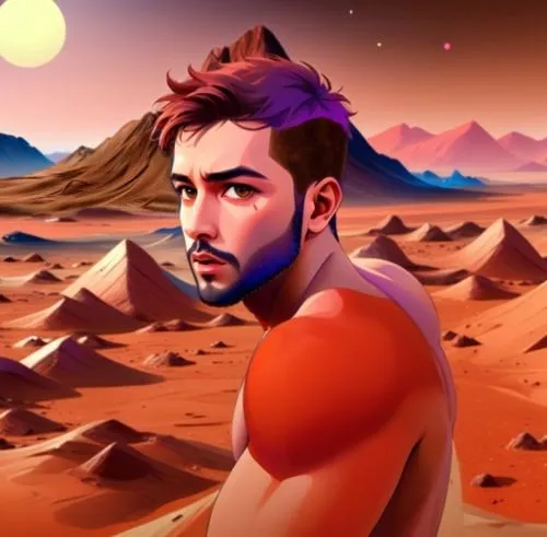 digital painting of a young man in a landscape,desert background,mars,planet mars,martian,desierto,red planet