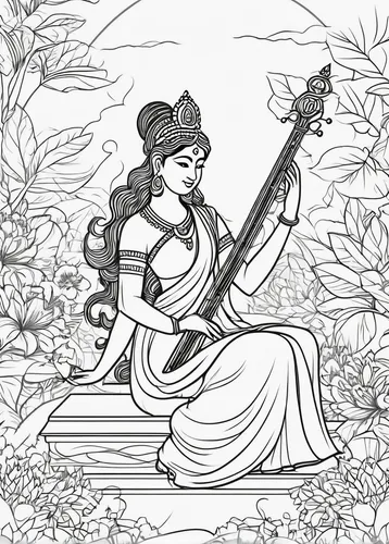 saraswati veena,rudra veena,radha,vajrasattva,janmastami,krishna,nataraja,veena,ramayana,woman playing violin,violin woman,harp with flowers,coloring page,jaya,bansuri,ramayan,hare krishna,vishuddha,mantra om,sitar,Illustration,Black and White,Black and White 04