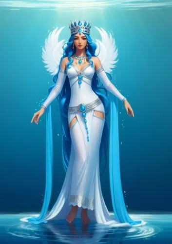 2D concept art, Achaemenid goddess Anahita, guardian of water, beautiful, long blue hair, long sleeve See-Through Achaemenid dress, silver crown, highly detailed, no background,the beautiful,  in a co