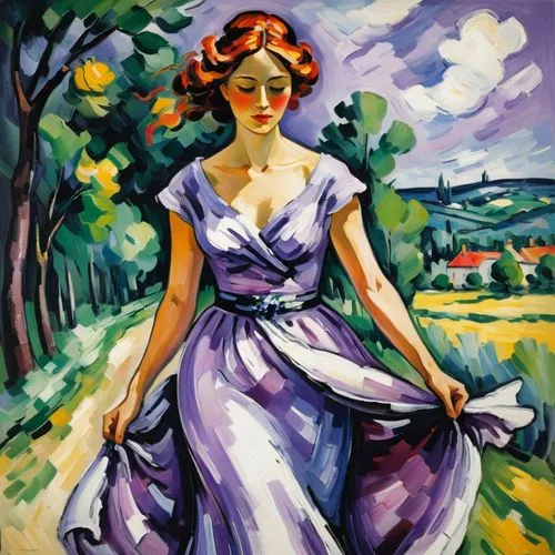 A wedding scene, woman in lavender flowing dress, Impressionism , colorful,girl in a long dress,woman walking,la violetta,fauvist,maureen o'hara - female,girl in cloth,girl in the garden,violetta,gonc