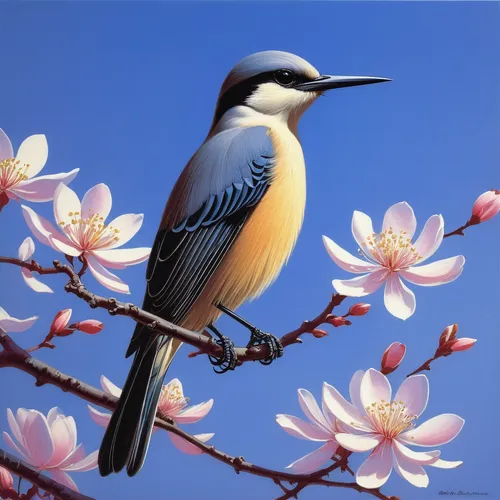 bird painting,spring bird,flower and bird illustration,blue birds and blossom,bird flower,song bird,springtime background,chickadee,bohemian waxwing,bird illustration,beautiful bird,nature bird,carolina chickadee,bird on branch,spring background,an ornamental bird,meadow bird,ornamental bird,titmouse,coastal bird,Conceptual Art,Sci-Fi,Sci-Fi 15