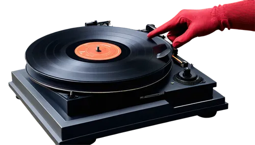 Vinyl record, old-school DJ, scratching hand, worn-out gloves, black turntable, shiny metallic tonearm, rotating vinyl plate, warm lighting, 3/4 composition, shallow depth of field, retro-style color 