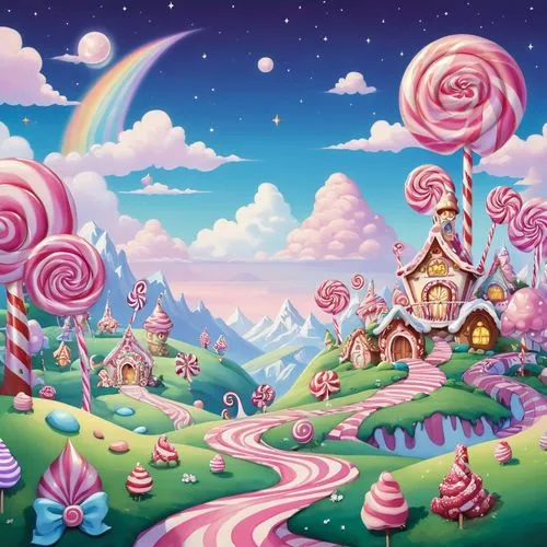 candy land scenic background,a very cute pink house in the sky,candyland,fairy world,fairyland,fairy village,children's background,fairy galaxy,Illustration,Abstract Fantasy,Abstract Fantasy 11