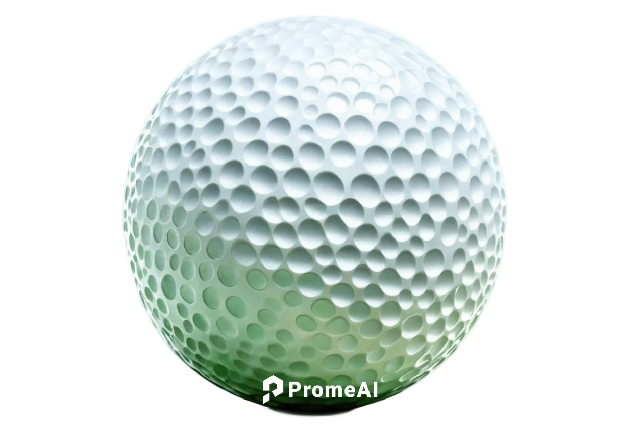 Golf ball, white background, solo, detailed texture, reflective surface, bright highlights, 3/4 composition, shallow depth of field, macro photography, high contrast, vibrant color tone, soft natural 