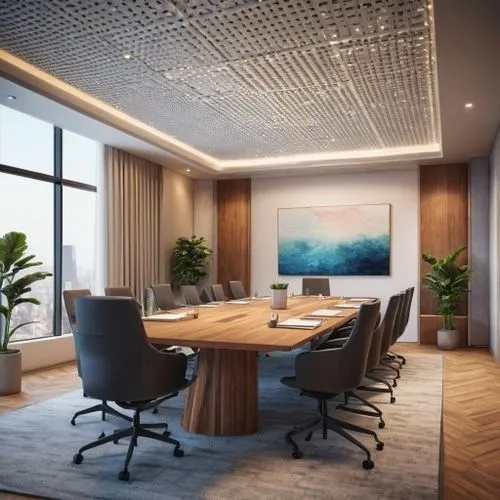 Perforated grid tiles white colour surrounded by white colour gypsum drop ceiling with cove light.,the room is empty with chairs and a conference table,board room,conference room,boardroom,meeting roo