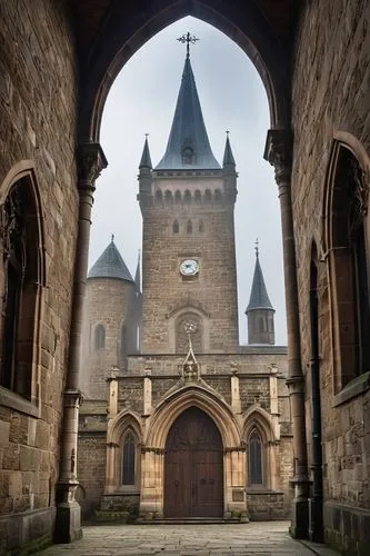 Kaller style building, medieval castle, stone walls, Gothic arches, grand entrance, heavy wooden doors, intricate carvings, ornate decorations, stained glass windows, towering spires, majestic clock t