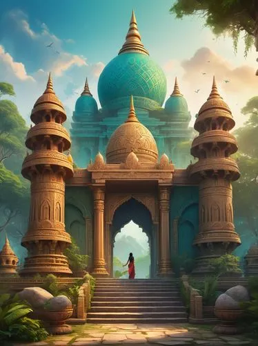 background design,ancient city,asian architecture,mandalay,agrabah,somtum,temples,shrines,mandap,hall of supreme harmony,sanctum,tempel,world digital painting,mandir,bagan,sanatana,indian temple,thai temple,oriente,shambhala,Illustration,Realistic Fantasy,Realistic Fantasy 01