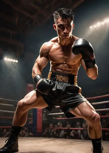 muscular man, fighter, intense gaze, sweat dripping, short spiky hair, bold eyebrows, fierce expression, bare chest, six-pack abs, ripped arms, tight boxing gloves, black trunks, combat boots, dynamic