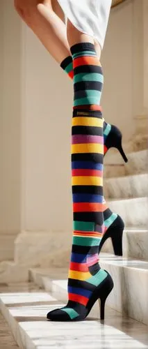 Colorful socks, striped pattern, thin fabric, elastic waistband, ankle length, worn with black heels, standing on a white marble floor, grand staircase, luxurious villa, sunny afternoon, warm lighting