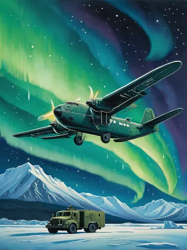 an Alexander Leydenfrost illustration of a military supply plane in the arctic with northern lights,aurora polar,polar aurora,green aurora,norther lights,uaz patriot,de havilland canada dhc-4 caribou,