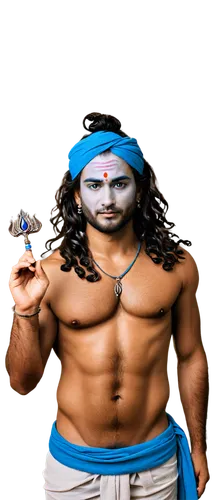 Lord Shiva, Indian mythology, masculine, powerful, serene face, third eye on forehead, blue throat, long hair, dreadlocks, white ashes, sacred thread, rudraksha necklace, dhoti, tiger skin, Trident in