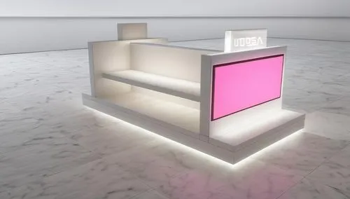 tv display stand,a counter that has a pink and white box on it,cosmetics counter,whitebox,turrell,white room,cube surface,pink squares,Product Design,Furniture Design,Modern,Futuristic Funk