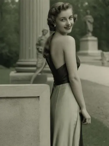 A lady from the 1940s in front of a classical column, smiling and flirting.,woman in black dress standing with hand on the back of her head,olivia de havilland,stanwyck,myrna,hayworth,ingrid bergman,m