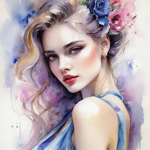 watercolor pin up,watercolor blue,vanderhorst,blue rose,watercolor roses,watercolor,watercolor painting,blue hydrangea,flower painting,watercolor pencils,behenna,watercolor floral background,watercolor flowers,margairaz,fantasy portrait,margaery,digital painting,watercolor women accessory,watercolor wreath,watercolor flower,Illustration,Paper based,Paper Based 11