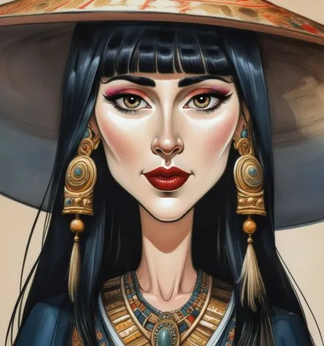 beautiful ancient priestess with bangs and long black hair dressed ancient dress and ancient hat,cleopatra,ancient egyptian girl,fantasy portrait,oriental princess,oriental girl,asian conical hat,geis