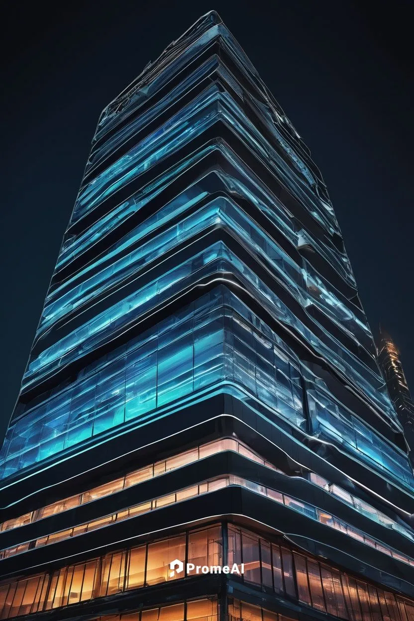 Modern adc architectural design, futuristic skyscraper, sleek lines, metallic materials, reflective glass surfaces, angular structures, neon lights, urban cityscape, night scene, dramatic spotlighting