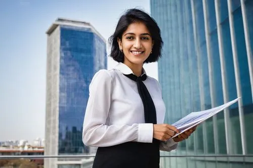 Marina Tabassum, architecture, solo, female architect, South Asian features, elegant smile, short hair, minimal makeup, white shirt, black blazer, formal trousers, heels, holding blueprints, standing,