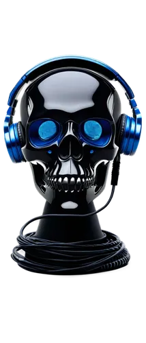 Skull, MP3 player, glossy black finish, silver accents, LED eyes glowing blue, headphones wrapped around, audio cables tangled, metallic texture, reflective surface, low-angle shot, dramatic lighting,