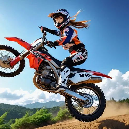 flying anime character,japanese style,girl,motocross,a woman riding on the back of a dirt bike over sand,motocross riding,dungey,motocross,dirtbike,motocross schopfheim,tixier,Photography,General,Real