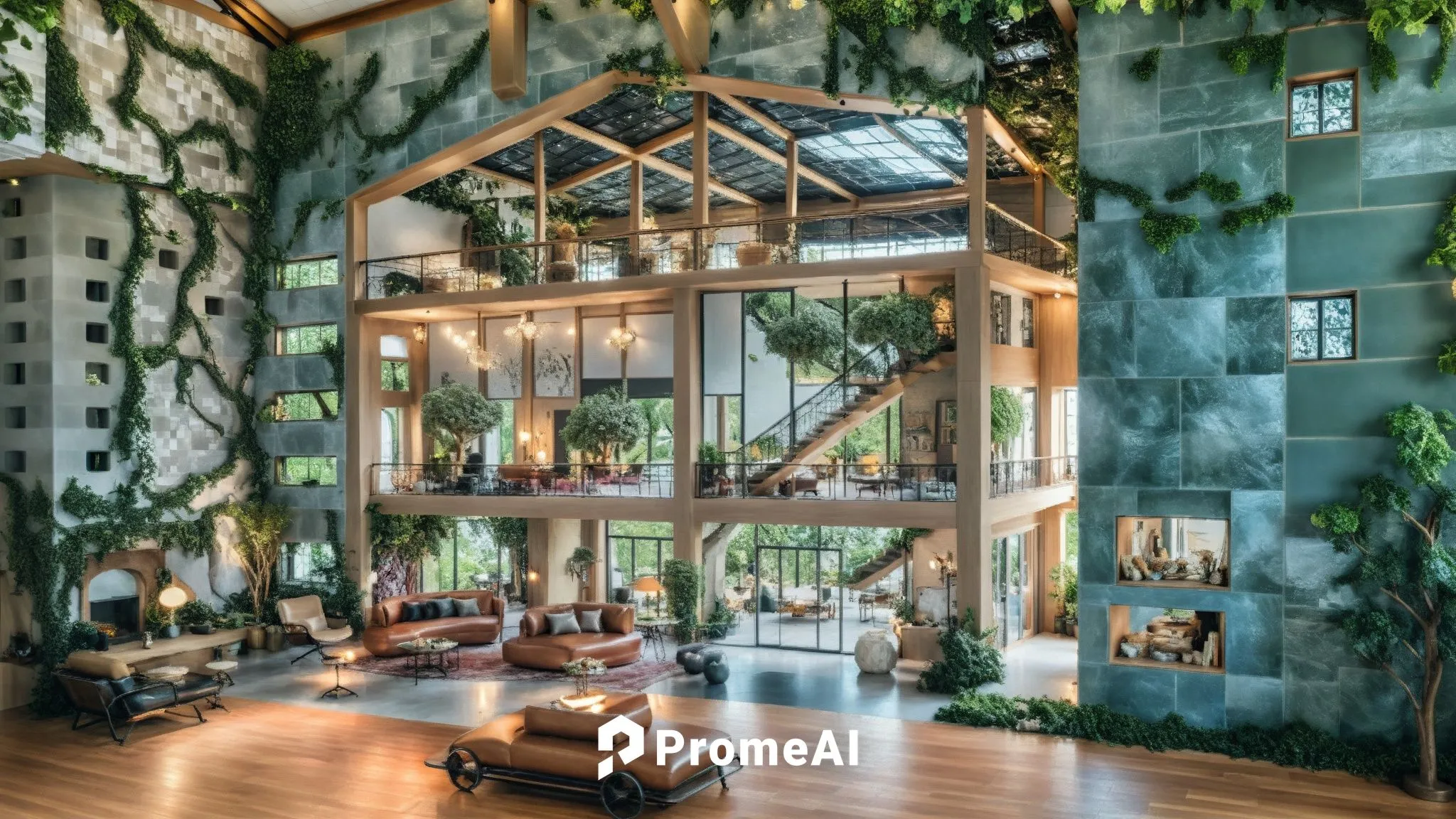 large living room filled with furniture and lots of green plants,tree house hotel,tree house,treehouse,loft,atriums,forest house,Illustration,Realistic Fantasy,Realistic Fantasy 02