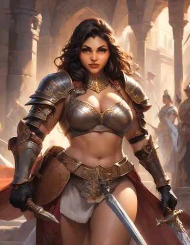 this is a picture of a  woman in armor,female warrior,warrior woman,yavana,kushana,kassandra,gandhari,Digital Art,Impressionism