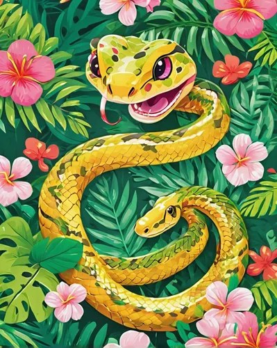 Imagine a venomous snake slithering through a tropical rainforest, capturing its prey with deadly precision.,snake kawaii,emperor snake,boa constrictor,tropical animals,venomous snake,tree python,snak