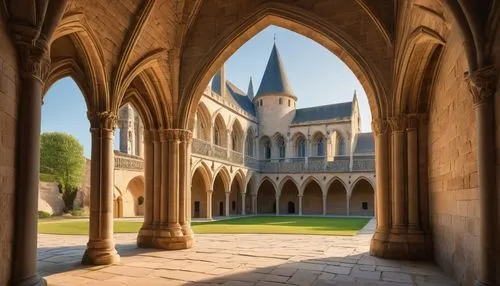 Romanesque architecture, France, medieval, stone building, ornate carvings, grand entrance, pointed arches, ribbed vaults, stained glass windows, intricate sculptures, historic landmark, afternoon sun