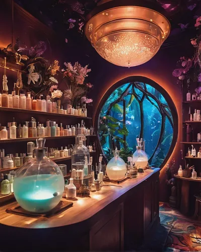 apothecary,soap shop,cosmetics counter,aquarium decor,watercolor tea shop,beauty room,potions,aquariums,aquarium,pharmacy,unique bar,brandy shop,salt bar,fish tank,crystal therapy,cosmetics,creating perfume,flower shop,aqua studio,gift shop,Illustration,Realistic Fantasy,Realistic Fantasy 37