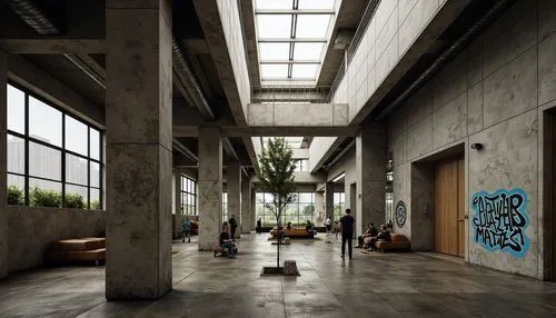 Rugged community center, brutalist architecture, raw concrete walls, exposed ductwork, industrial metal beams, natural light pouring in, large skylights, clerestory windows, urban landscape views, gri