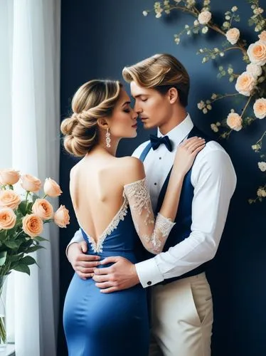 Create an elegant couple in love that will show off your best work.,a couple is posing together in front of flowers,maxon,beautiful couple,wedding photo,elopement,romantic look,wedding couple