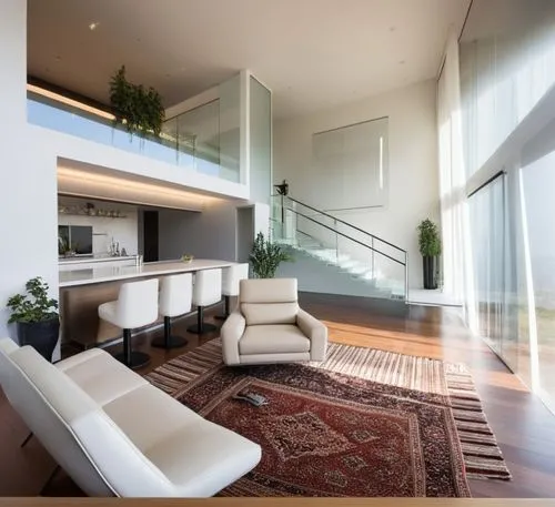 In a dimly lit room with a high ceiling, a minimalist style loft combines seamlessly with modern armchairs and an intricate Persian-style rug. The space is peaceful and minimalist, with sunlight filte