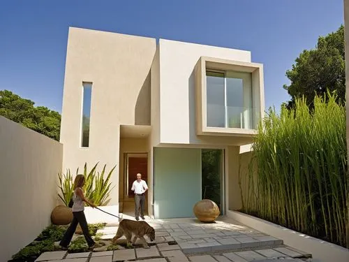 a dog is being walked on a leash into a house,dunes house,mahdavi,modern house,fresnaye,cubic house,corbu,Photography,General,Realistic