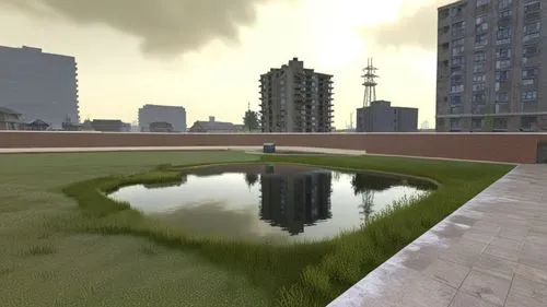 a large dle of water is in a green grass field,reflecting pool,water hazard,stormwater,platforming,grass golf ball,virtual landscape