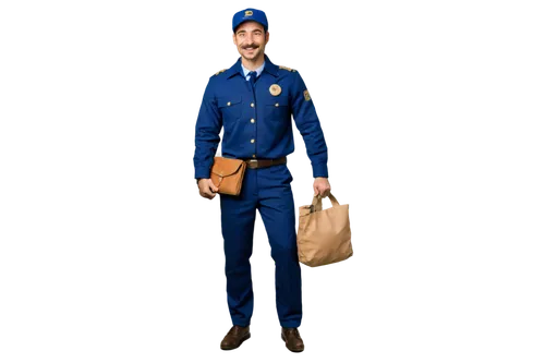 Postal worker, male, 30s, smiling face, mustache, blue uniform, golden badge, postal cap, holding mailbag, standing pose, one leg bent, natural lighting, shallow depth of field, warm color tone, cinem