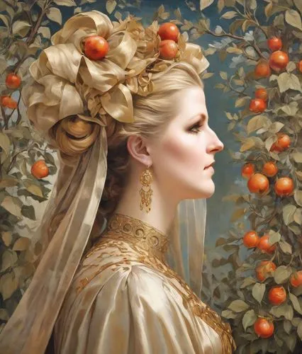 orange blossom,girl in a wreath,apricot,apricots,persephone,golden wreath,Digital Art,Impressionism