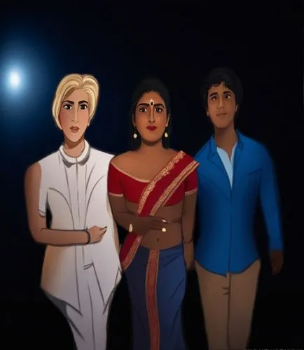 Young Blonde English-man Ashley Wilson with Actress Renuka Kumaran and Young Charming Neel Kamal standing in a dark night,diwali background,poornima,divali,maheswaran,diwali banner,kaadhal,kondapalli,