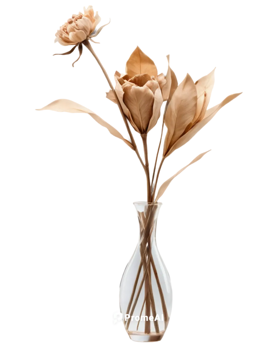 dried flower, delicate petals, soft brown color, fragile stem, wilted leaves, glass vase, transparent background, 3/4 composition, shallow depth of field, natural light, warm color tone, close-up shot