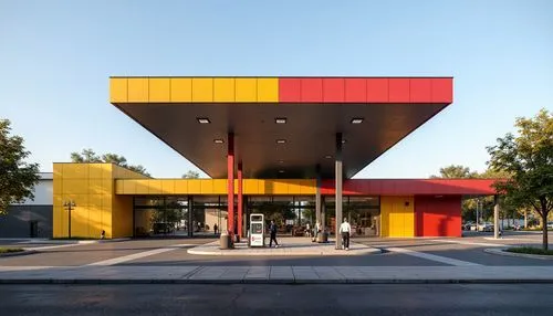 e-gas station,gas station,electric gas station,filling station,forecourts,forecourt,marfa,colorful facade,maranello,eisenman,fire station,eichler,visitor center,conad,adjaye,corona test center,gensler,tschumi,cubic house,petrol pump