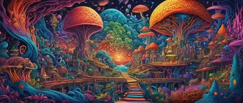 psychedelic art,mushroom landscape,trip computer,psychedelic,fairy world,lsd,cubensis,dimensional,the mystical path,mushroom island,hallucinogenic,forest of dreams,kaleidoscope,fairy village,tapestry,astral traveler,alien world,colorful tree of life,wonderland,pachamama,Illustration,Realistic Fantasy,Realistic Fantasy 39